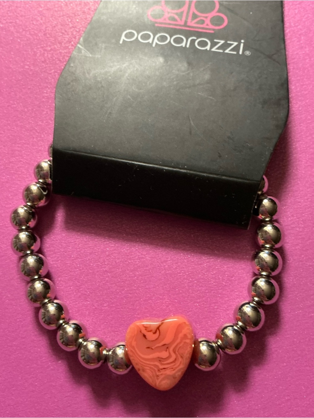 Paparazzi Caress Orange Pink Swirl Heart Charm Bead Stretch Bracelet
